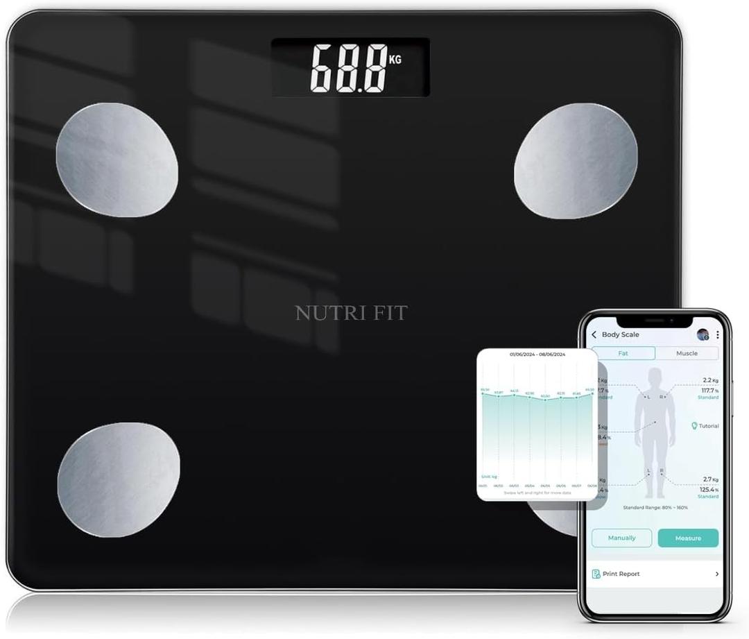 NUTRI FIT Bathroom Weighing Scale for Body Weight and Fat, Digital Smart Scale with Bluetooth, Body Composition Watchers with APP for BMI, Muscle, Weight Loss, Max 150kg/330lb