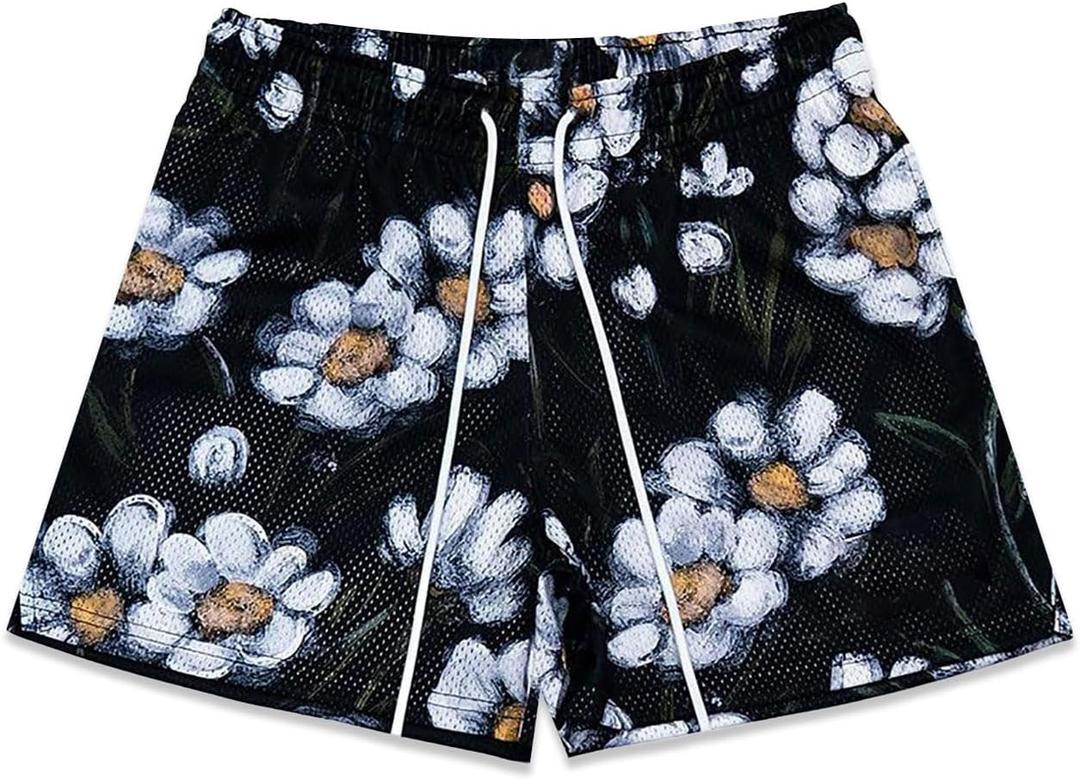 Mens Mesh Floral Shorts Art Print Butterfly Graphic Lightweight Casual Loose Designer Knee Length with Pockets (M)