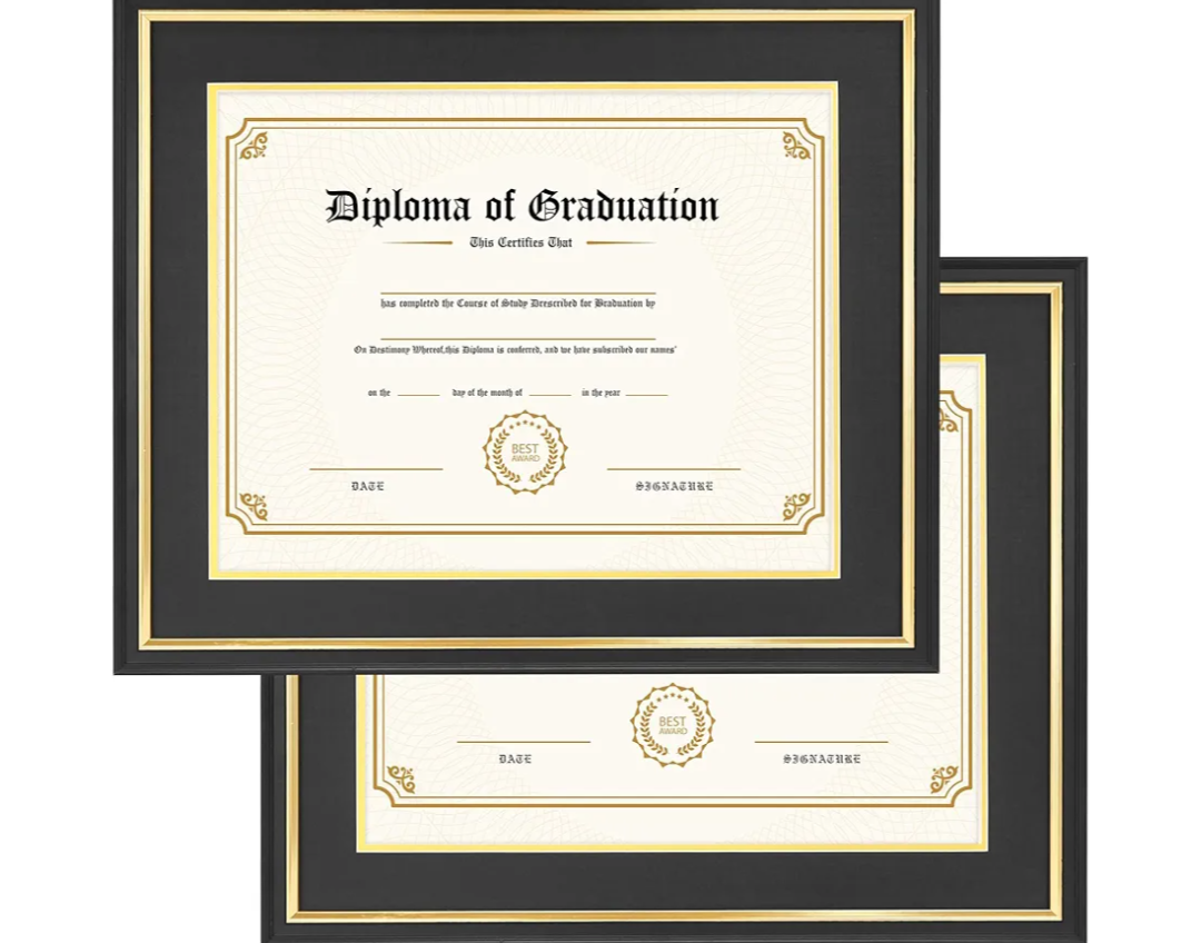 11x14 Diploma Frame with Black over Gold Mat, 14x17 Certificate Frame, Real Wood with Gold Trim, Black Frame with Arcylic, Pack of 2