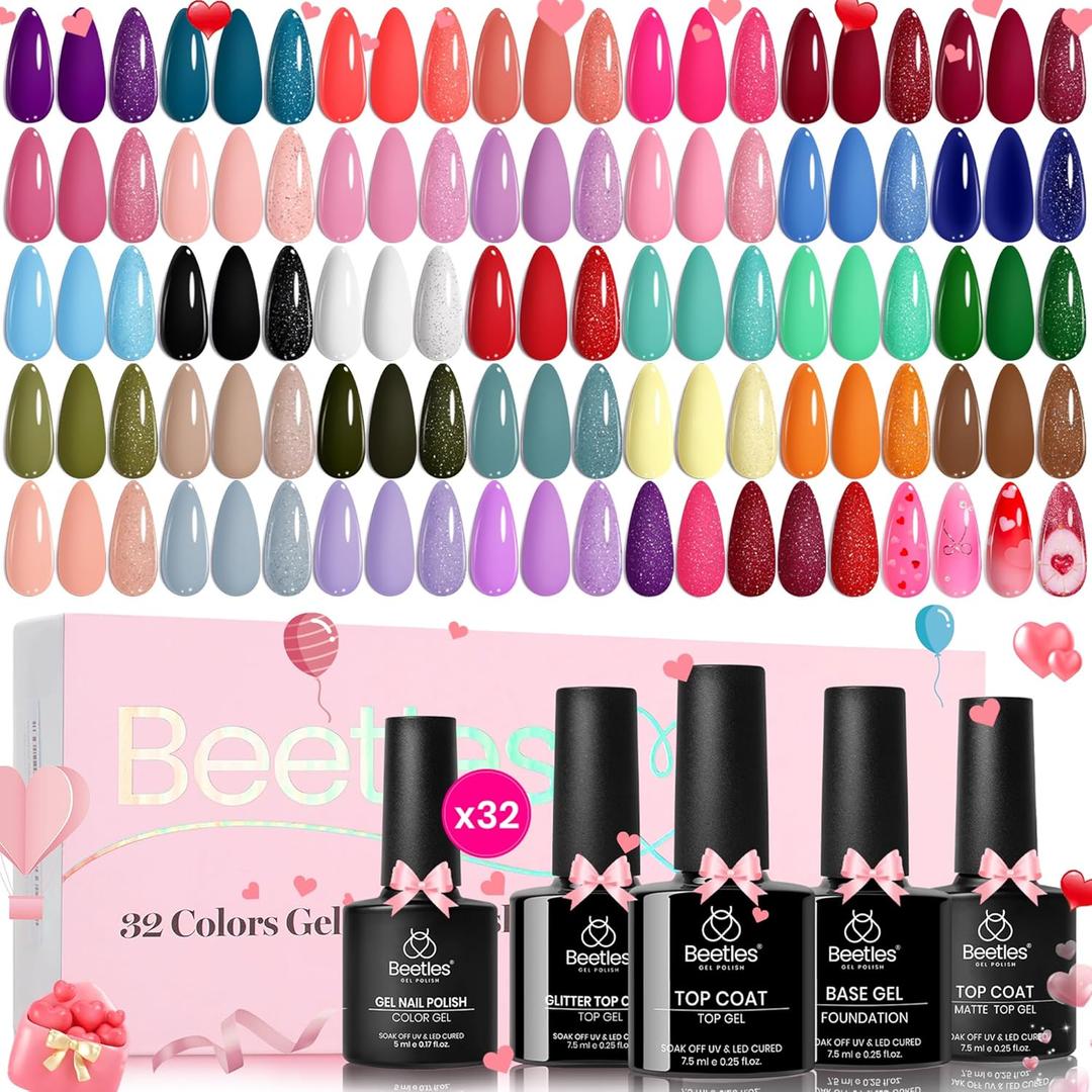beetles Gel Polish Set Summer Gel Nail Polish Kit Pastel 36 Pcs 32 Colors with Base Top Coat Hot Pink Green Black White Burgundy Red Blue Purple Uv LED Lamp Nails Gifts for Women Fingertip Palette
