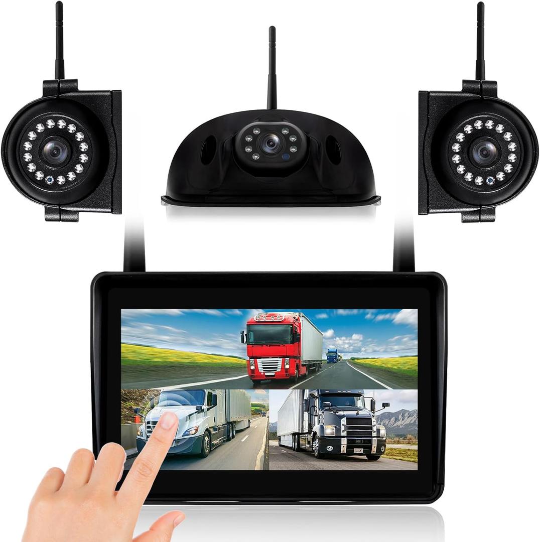3-Camera Wireless RV Backup System, 7" 1080P Touch Screen with 1 Rear Camera for Furrion Pre-Wired Plug and 2 Side Cameras, IP69 Waterproof, IR Night Vision Camera for RV Trailer, WF703