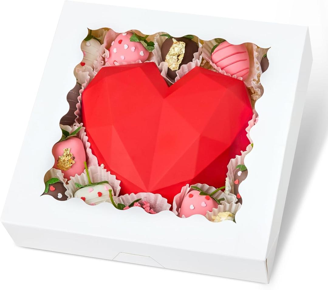 Kucoele 20 PCS Pie Boxes, 10 x 10 x 2.5 Inches Bakery Boxes with Window, Auto-Popup Cookie Boxes White Treat Boxes for Chocolate Strawberries, Pastries, Muffins, Donuts