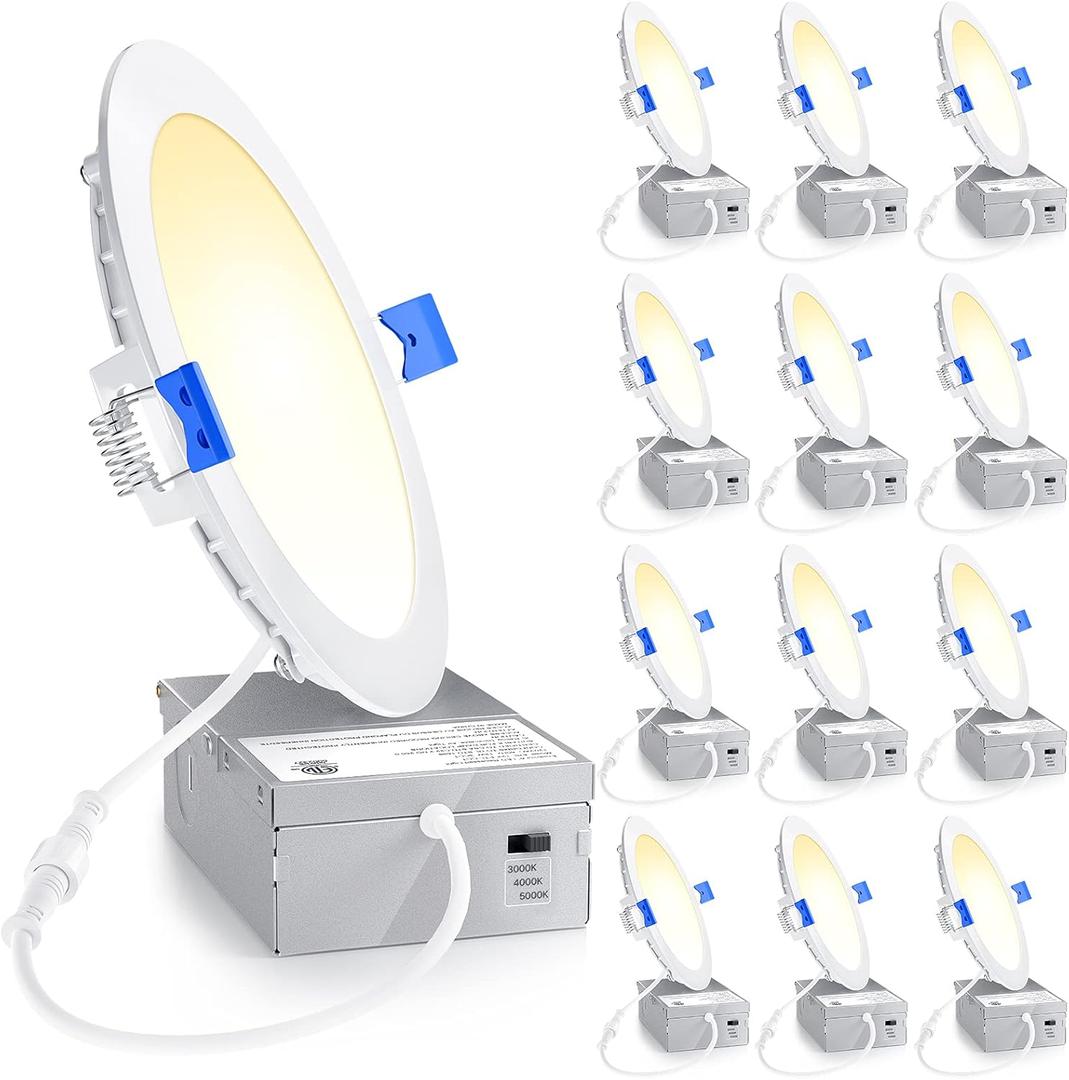 Ensenior 12 Pack 6 Inch LED Recessed Light, Dimmable, 3000K-5000K 3CCT, 1200LM High Brightness, 12W 120V, 3 Pin, ERL-12X-ETL, Damp Rated, Ultra-Thin Canless Wafer Ceiling Light - ETL & FCC & IC