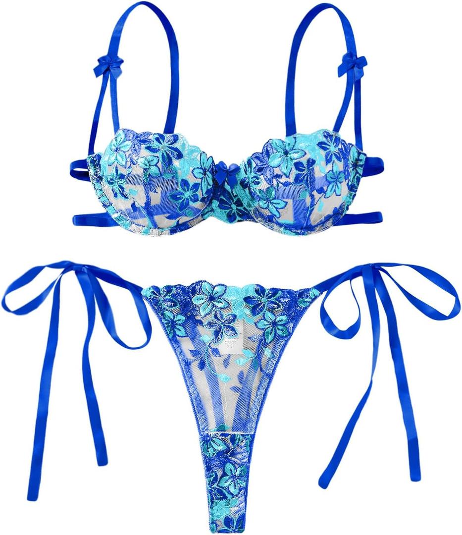 Lilosy Sexy Tie Side Cute Underwire Push Up Strappy Embroidered Mesh Sheer Lingerie Set (Small, Bow Flower Blue)
