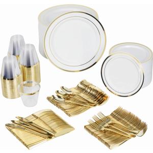 Prestee 600-Piece Disposable Party Dinnerware Set for 100 Guests - Gold Silverware Disposable with Plates, Cups, Knives, Forks, Spoons - Elegant Reusable Wedding Reception and Events Supplies