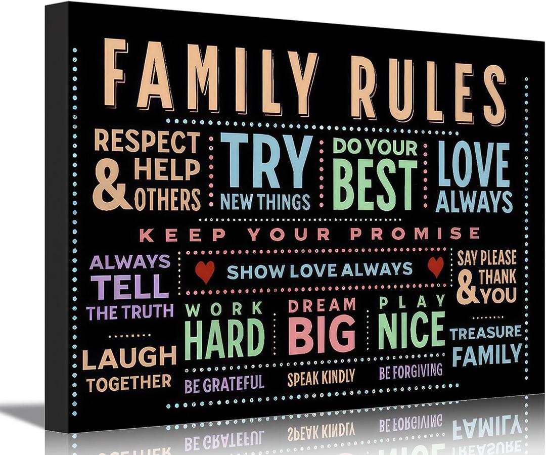 Family Rules Canvas Wall Art Family Inspirational Quotes Wall Decor Picture Colorful Uplifting Man Cave Poster Print Painting for Home Office Bedroom Living Room Home Decorate Prepare To Hang