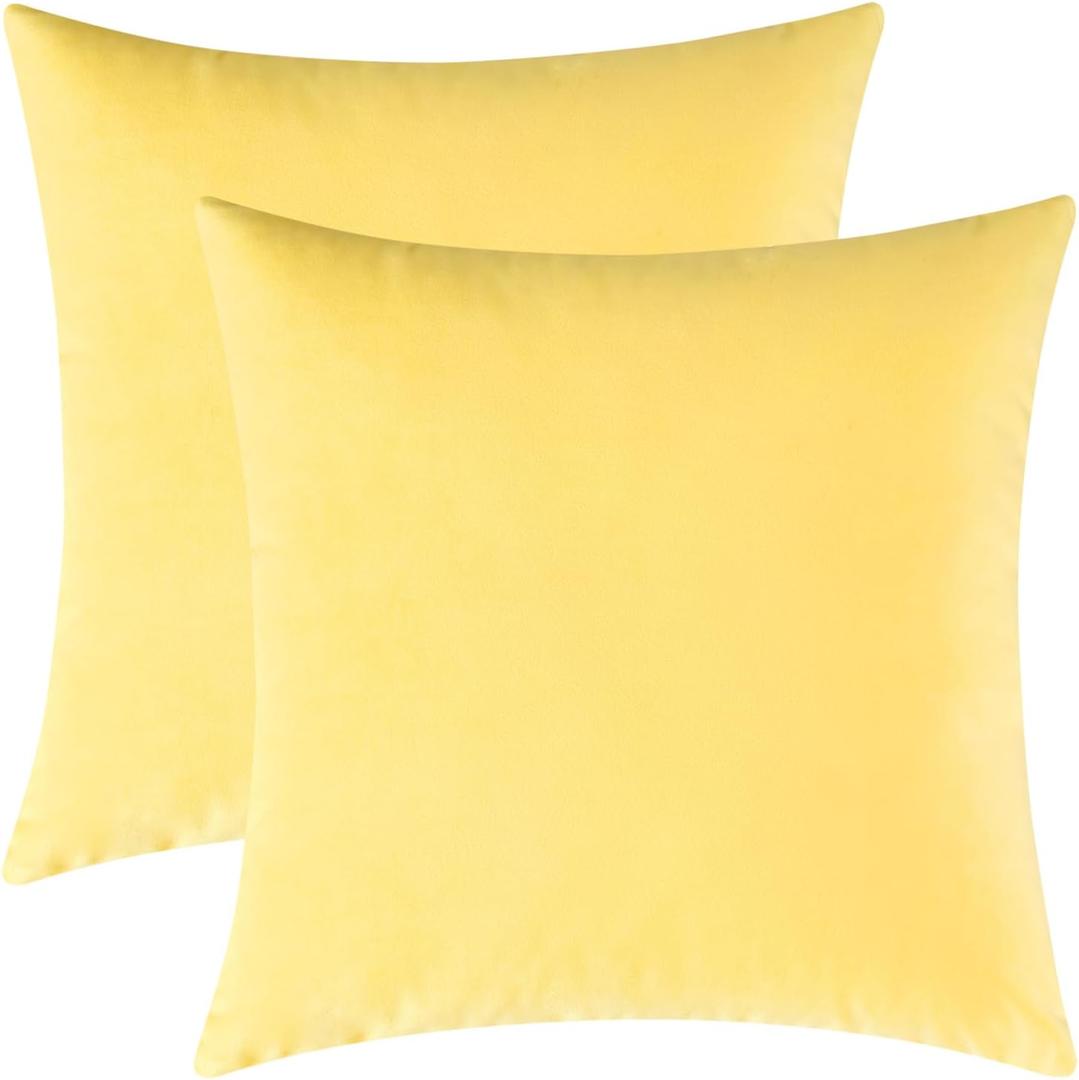 Mixhug Set of 2 Cozy Velvet Square Decorative Throw Pillow Covers for Couch and Bed, Pale Yellow, 18 x 18 Inches