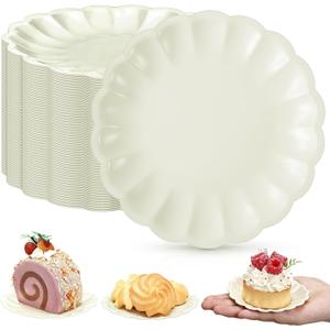 Yungyan 100 Pcs Mini Dessert Plates Cupcake Plates 3.5 Inch Cream Scalloped Rim Mini Paper Dessert Dish for Cake DIY Baking Party Wedding Birthday
