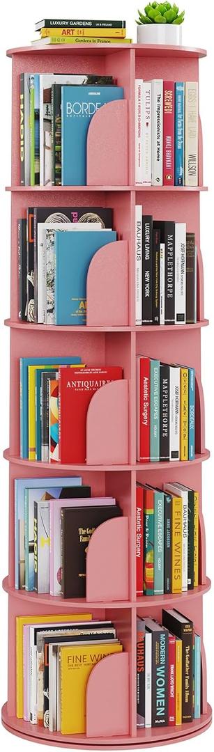 SpaceAid 5 Tier Rotating Bookshelf Tower, Spinning Bookcase Lazy Susan, Revolving 360 Book Shelf Storage Round Carousel, Vertical Rotate Turning Spiral Corner Organizer, Pink, 5 Tier, 62.2" H