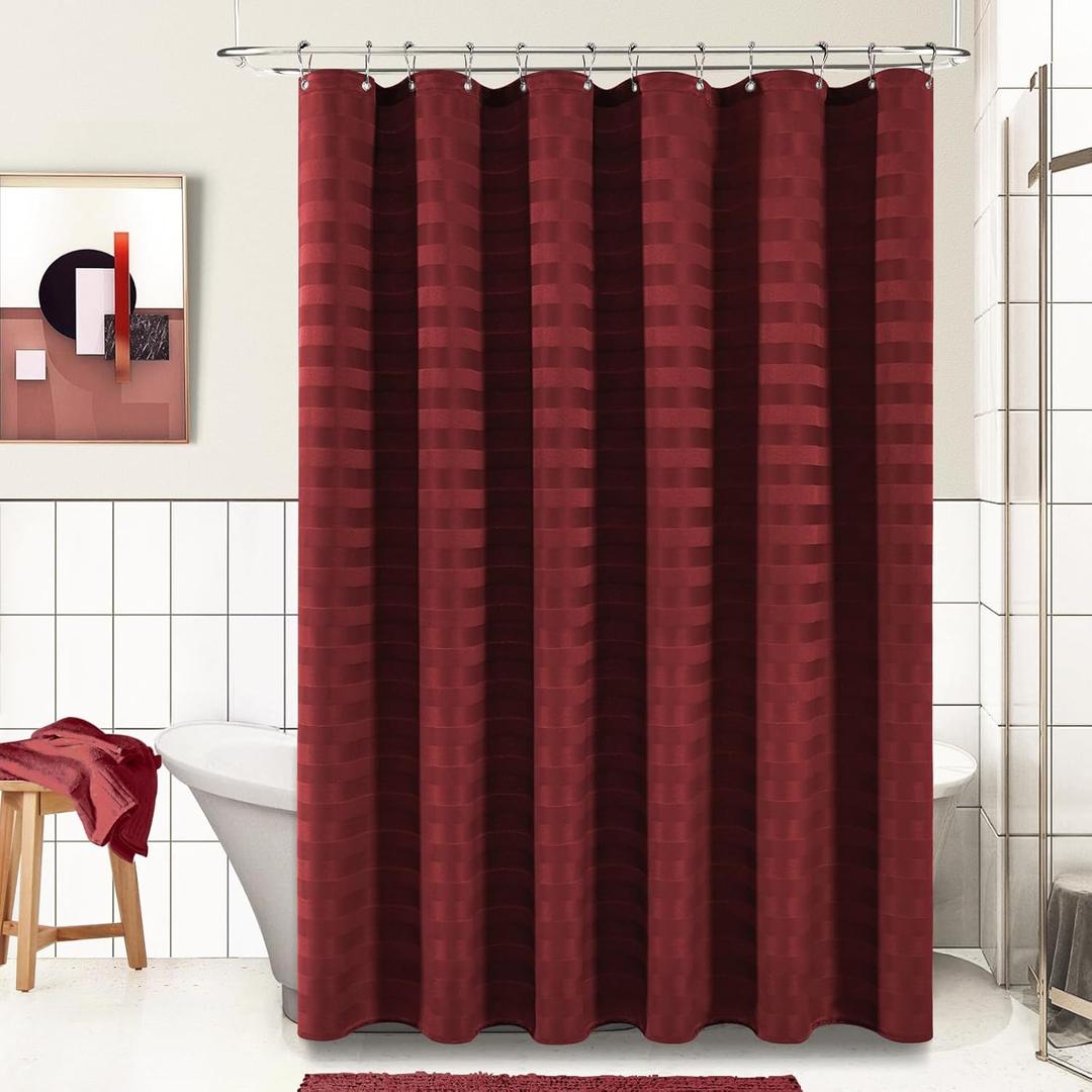 PANGSINNE 60 inch Stall Shower Curtain - Stripes Woven Heavy Duty Thick Fabric Shower Curtains for Bathroom, Weighted Hotel Spa Luxury Cloth Bath Curtain Set with 10 Hooks, 60x72, Burgundy