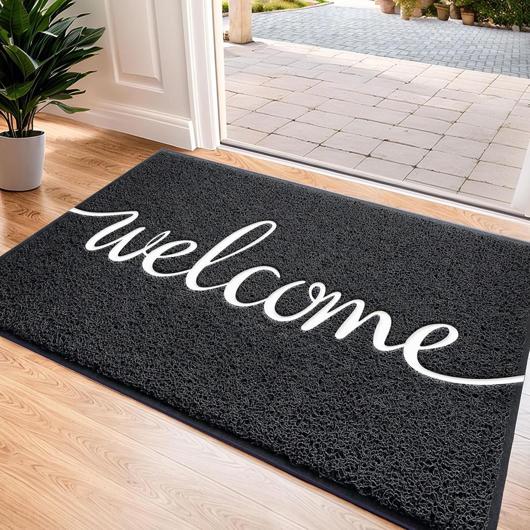 Black Door Mat Welcome Mats Outdoor Indoor Non-Slip Doormat for Entryway Low-Profile Floor Mat for Yard, Garage, High Traffic Areas (30"x17.5", Black) (1'6" x 2'6" (Rectangular))