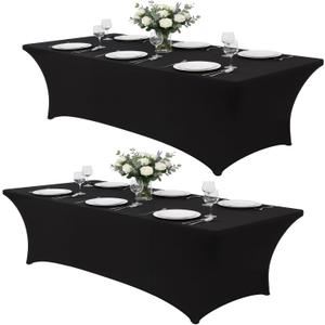 Black Tablecloths 96x30 Inch Table Cloths for 8 Foot Rectangle Tables, Wrinkle Resistant Washable Rectangular Spandex Fabric Table Cover for Vendor Dining Wedding Banquet Camping Party - 2 Pack