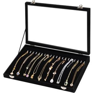 Necklace Holder Organizer, Necklace Organizer Box with Clear Lid, Anti Tarnish Jewelry Hanger Storage Case, 20 Hooks Velvet Jewelry Tray for Drawer Display Bracelet Gifts Girls Women
