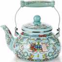 2.6 Quart Floral Enamel Tea Kettle, Vintage Enameled Teapot Stovetop, Enamel on Steel Water Coffee Tea Pot with Ceramic Handle, Colorful Hot Water Kettle for Home Kitchen Decor, No Whistling