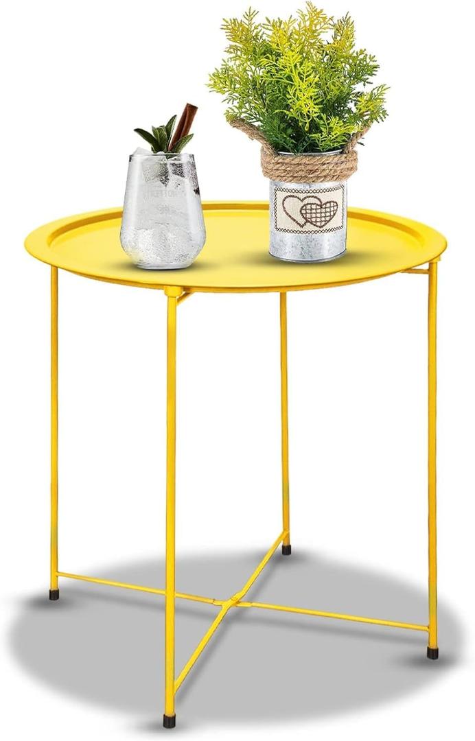 Garden 4 you Small Side Table, Round End Table, Outdoor Side Table with Metal Frame, Bedside Table for Living Room, Bedroom, Patio, Small Space, Yellow, round, 18.5-inch diameter x 19.5-inch height