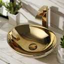 Oval Gold Vessel Sink with Faucet and Pop-Up Drain 17"x14" Bathroom Ceramic Basin Above Counter Bowl Sinks Thickened Compact Boat Shape Sinks for Small Bathrooms Vanities and Apartment Top