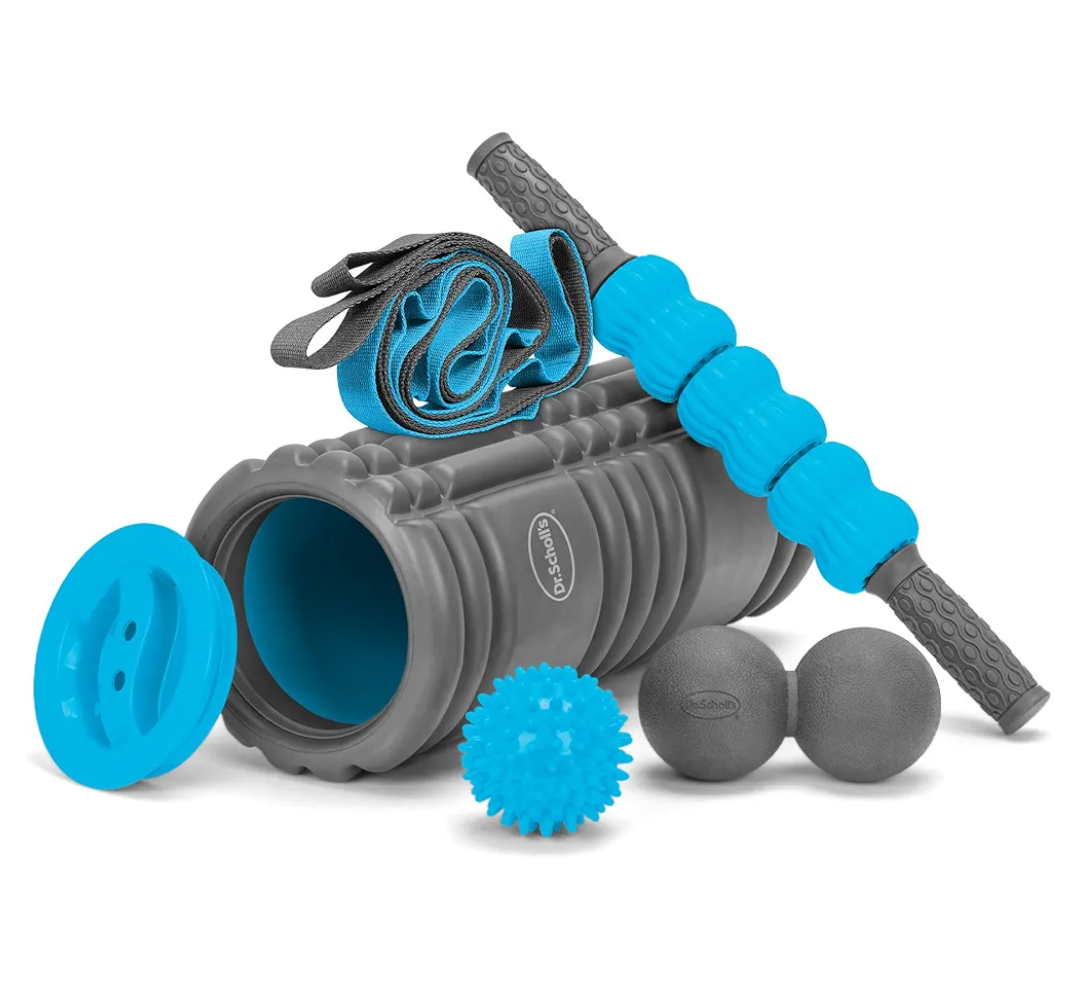 Dr. Scholl's 5-in-1 Stretch and Recovery Massager Set, Includes Hollow Core Massage Roller with End Caps, Muscle Roller Stick, Stretching Strap, Double Lacrosse Peanut, and Plantar Fascia Relief Ball