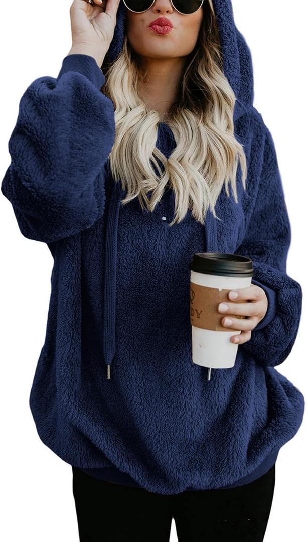 American Trends Womens Athletic Fuzzy Hoodies Sherpa Pullover Hoodie for Women Zip Oversized Plush Hoodie with Pockets (Small, Navy)