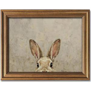 Wemandh Gold Framed Vintage Easter Bunny Wall Art - Muted Spring Rabbit Oil Painting Print, Rustic Easter Wall Decor, Rustic Cottagecore Animal Picture for Shelf, Mantle & Holiday Home Decor (Framed, 12'' x 16'')
