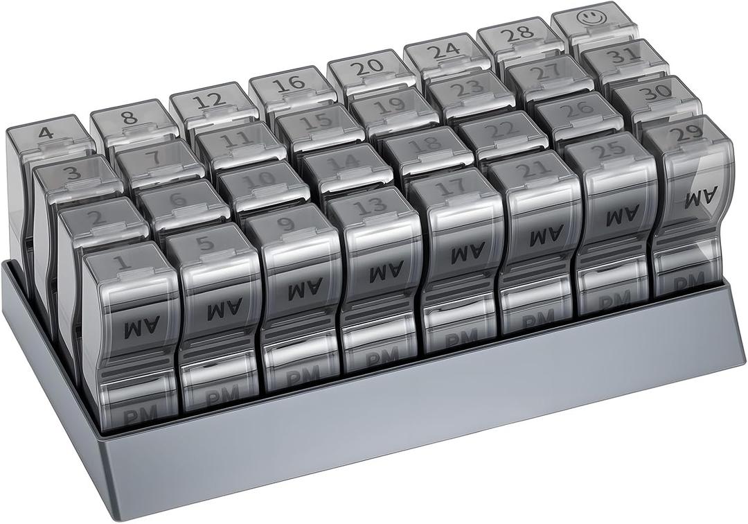 Monthly Pill Organizer 2 Times a Day, one Month Pill Box AM PM, 30 Day Pill Case Small Compartments to Hold Vitamin and Travel Medicine Organizer, 31 Day Pill Organizer, 4 Week Pill Cases（Grey）