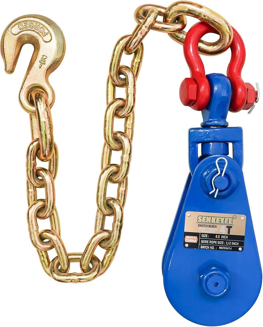 Upgraded Snatch Block with Chain, Snatch Block 4 Ton WLL, for 1/2 Inch Wire Ropes,Snatch Block Pulley for Towing and RecoveryRollback Wrecker Car Carrier Tow Truck Accessories