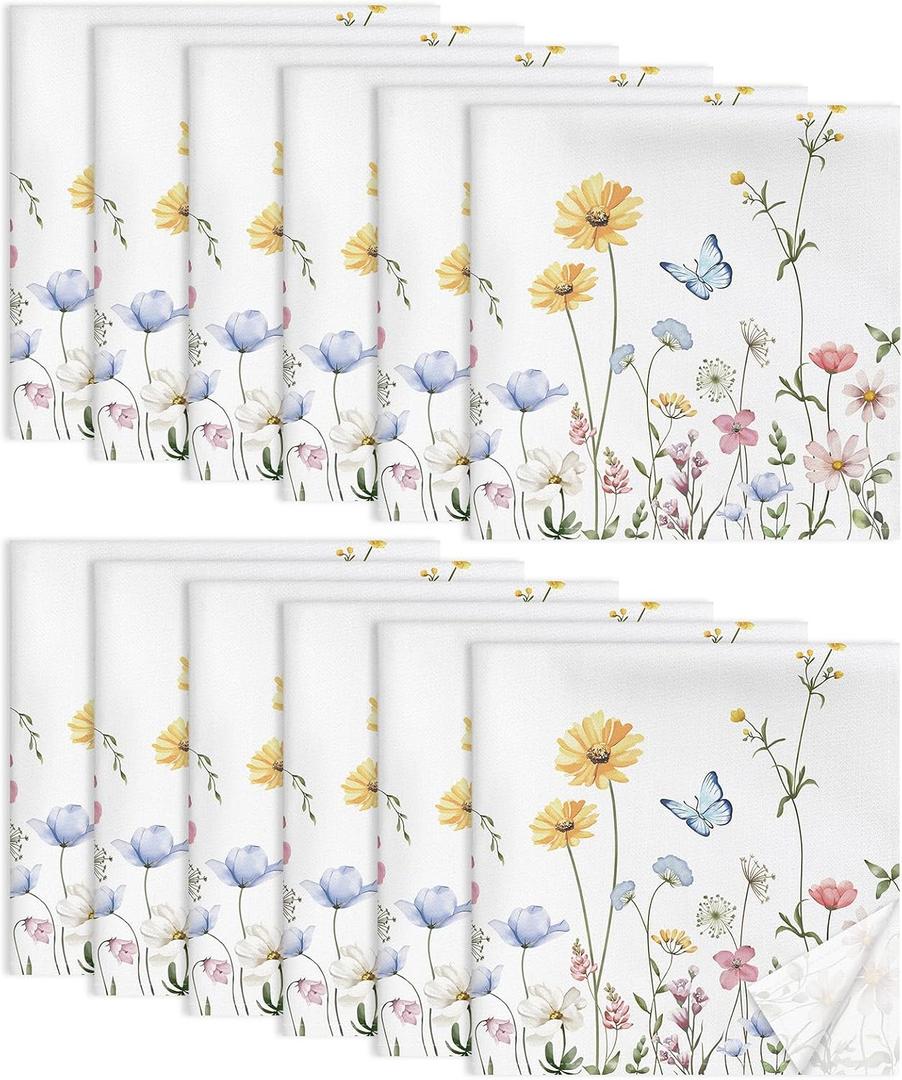 Floral Butterfly Napkins, 1818 Inch French Country Dinner Cloth Napkins Set of 12, Washable Cotton Soft Absorbent Square Napkins for Dining Kitchen Party Wedding Decoration