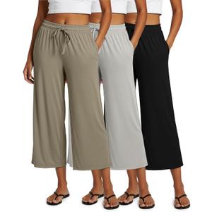Real Essentials 3 Pack: Women's Ultra-Soft Wide Leg Loose Capri Open Bottom Pants - Yoga Lounge Pockets (Gray), Large