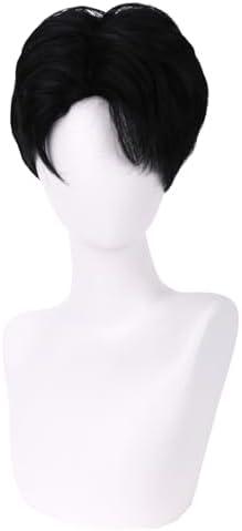 MAGQOO Black Wig for Boy Men Short Straight Black Wig Middle Part Cartoon Movie Halloween Cosplay Costume Animie Wig