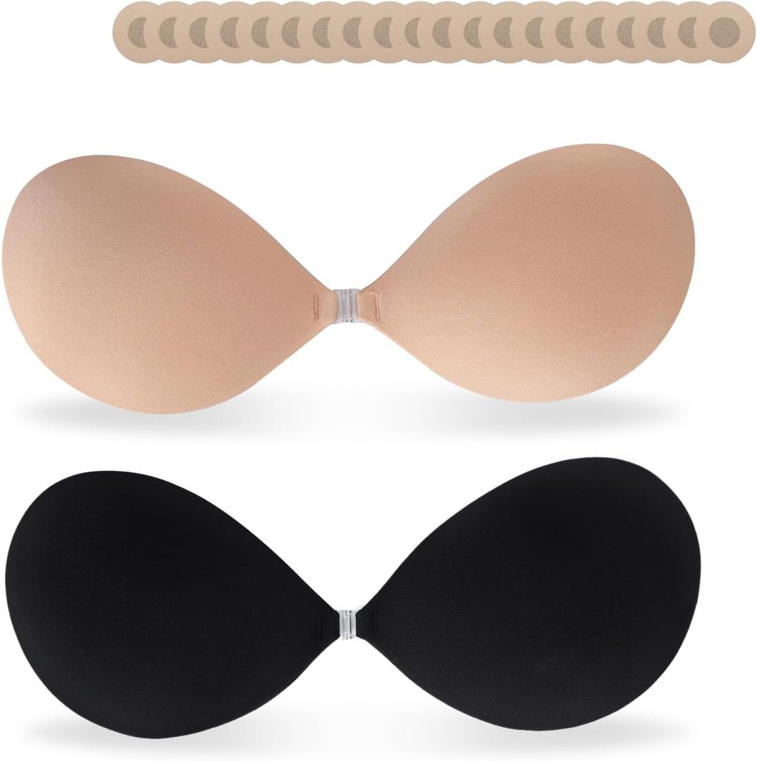 KUANG! 2 Pairs Seamless Adhesive Bra with Sticky Strapless Invisible Push-Up Support Silicone Backless Nipple Cover for Women