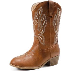 Cowgirl Boots for Little Girls Mid Calf Pointed Toe Kid Cowboy Boots Side Zipper Classic Embroidered Western Boots Horse Riding Shoes Party for Toddler Little Big Kids (Reddish Brown), Size: 5 Big Kid