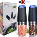 2 Pack Gravity Electric Salt and Pepper Grinder Set Automatic Battery Powered Salt Mill, Adjustable Coarseness, with Blue LED Light, One Hand Operated