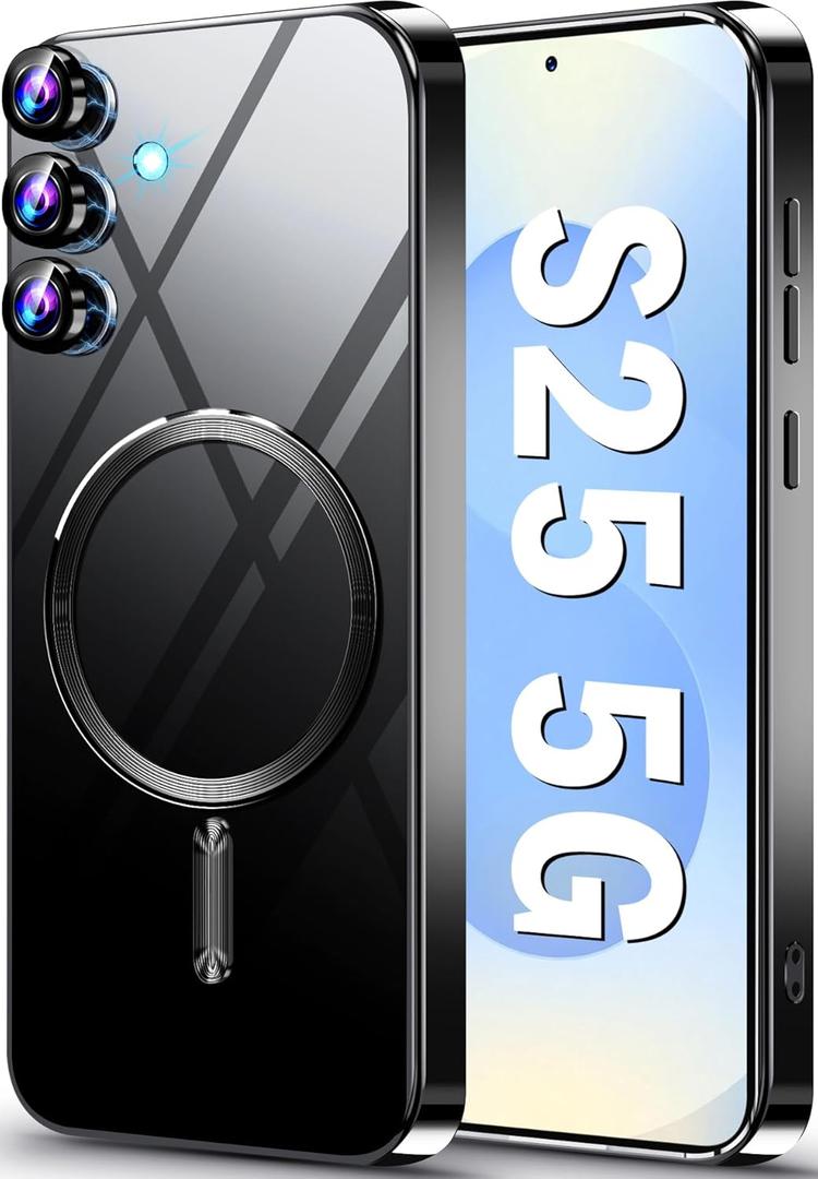 Neivi Compatible for Samsung Galaxy S25 Case with Mag-Safe, Camera Lens Protector, Galaxy S25 Transparent NonYellowing Shockproof Slim Magnetic Protective Cover for Samsung S25 5G (Black)