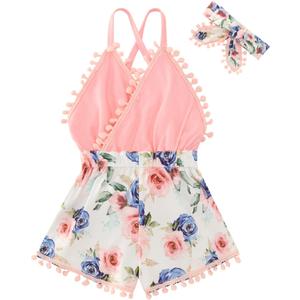 6M-3T Baby Girl Backless Bodysuit Outfit Set Romper Jumpsuit with Headband (Pink Flower)