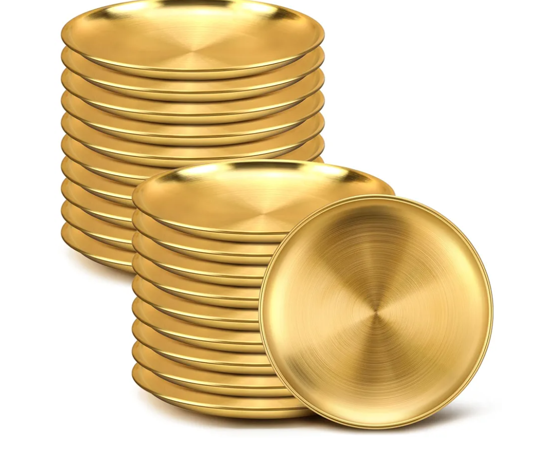 Nuogo 20 Pieces Stainless Steel Gold Plates 6.5 Inch Gold Dinner Plates Metal Serving Tray Dessert Dishes for BBQ, Salad, Snack, Desserts, Food Serving, Outdoor Camping