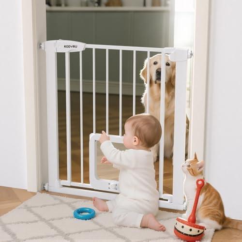 KODYRU 30 Inch Tall Dog Gate with Cat Door, Adjustable Width (29.7-57 Inches) for Doorways, Hallways & Stairs, Pressure-Mounted Walk-Through Dog Gate with Auto-Close & Double Lock Safety（White）
