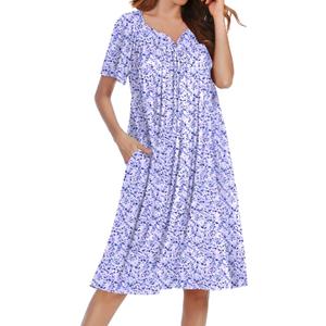 Ekouaer Nightgowns for Women Short Sleeve House Dress with Pockets Soft Moomoo Pleated Mumu Dresses V Neck Sleepwear (Medium, Purple Floral)