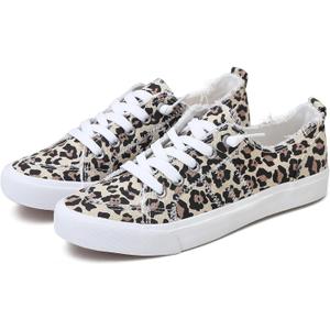 Obtaom Women's Play Fashion Sneaker White Color Washed and Leopard Canvas Slip on Shoes (5)