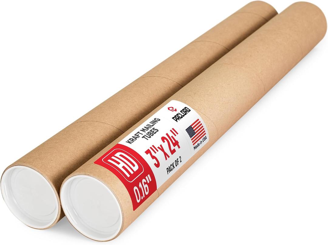 3" x 24" Heavy Duty Made in USA Kraft Paper Mailing Tube, 2 Tubes, 4 Caps