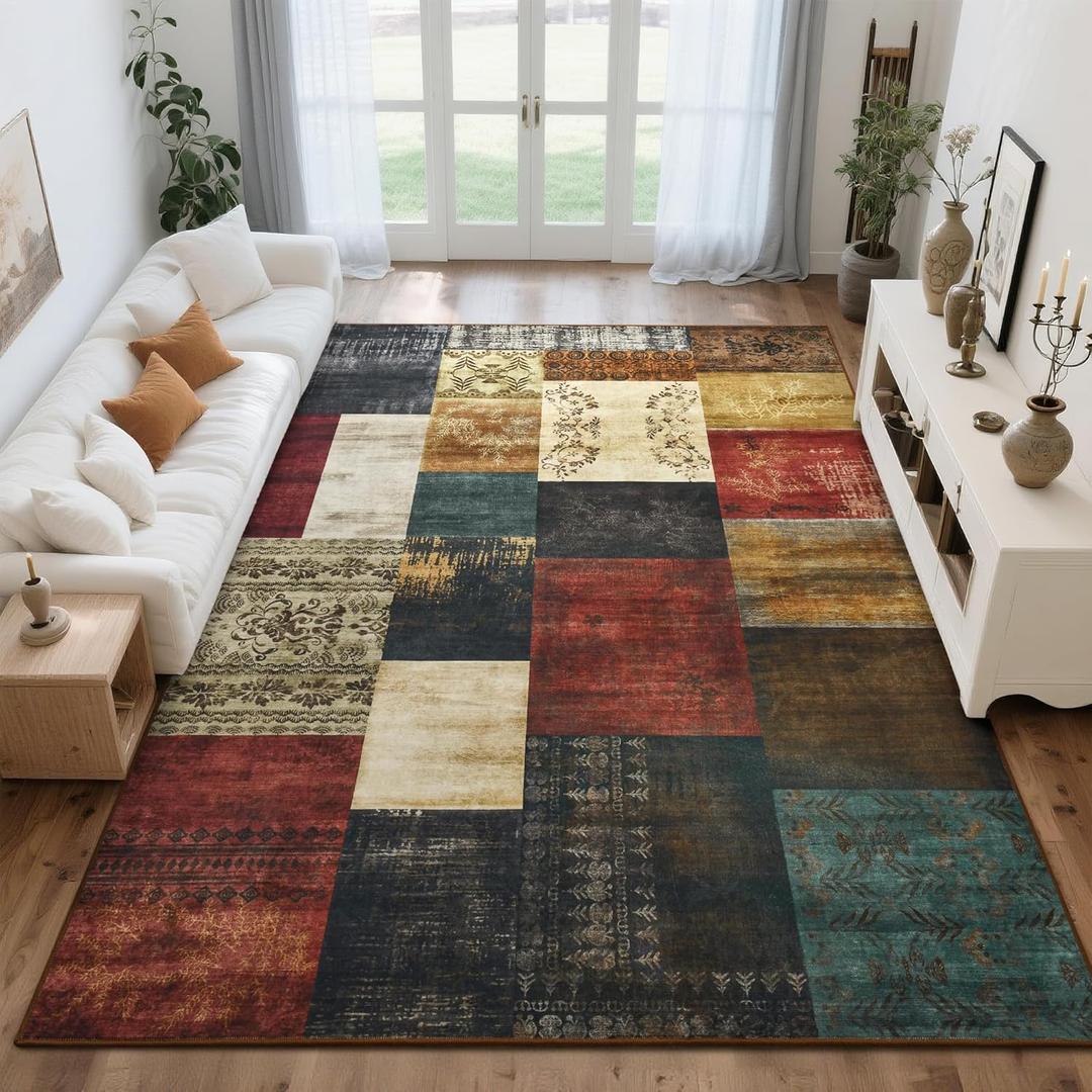 Tepook Modern Area Rug for Living Room, 8x10 Geometric Large Rugs for Bedroom, Washable Patchwork Rug Indoor Non-Slip Throw Carpets for Dining Room Office Farmhouse Home Decor, Multi