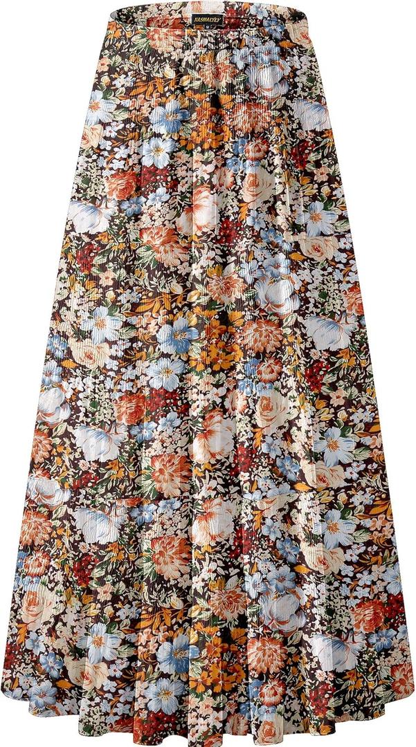 NASHALYLY Women's Chiffon Elastic High Waist Pleated A-Line Flared Maxi Skirts Medium
