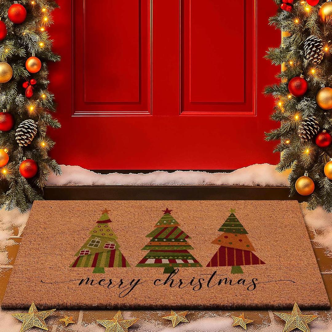 Lanpn Christmas Welcome Natural Coir Door Mat, Christmas Tree Coco Front Door Outdoor Doormat Outside Entrance Porch Non Slip Rubber Rug Winter Xmas Farmhouse Decor (Brown, 30x17 inch) (1'5" x 2'6" (Rectangular))