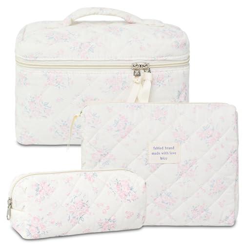 AMZMA Makeup Bag, 3 PCS Quilted Makeup Bag, Cute Floral Cotton Cosmetic Bag set, Coquette Makeup Pouch Large Travel Toiletry Bag