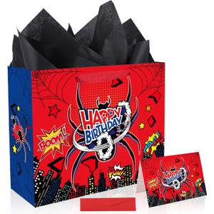 SAVITA Spider Birthday Party Bag Set, Cartoon Theme Spider Goodie Gift Bag Wrapping Paper Greeting Card Envelope for Kids Birthday Party Decoration Supplies