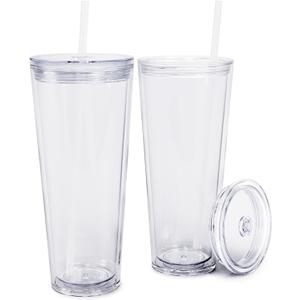 Maars Classic Acrylic Tumbler with Lid and Straw | 32oz Premium Insulated Iced Coffee Cups, Double Wall Reusable Plastic Cups - Clear, 2 Pack