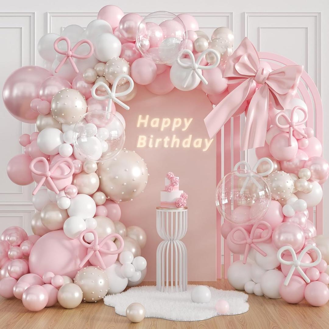 Pink Bow Balloon Arch Kit with Clear Light Pearl Pink and White Balloons for Coquette Bow Themed Bridal Baby Shower Wedding Birthday Party Decorations