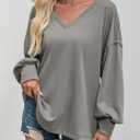 Fisoew Womens Oversized Sweatshirts Casual Deep V Neck Lantern Long Sleeve Fall Pullover Tops (Gray)