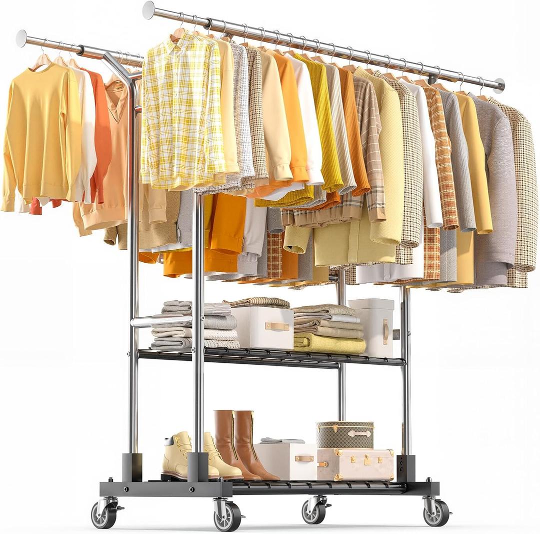 Luxspire Heavy Duty Clothes Rack Load 650 LBS, Double Rod Clothing Racks for Hanging Clothes, Rolling Garment Racks with Lockable Wheels, Shelves, Adjustable Laundry Hanging Rack, Silver