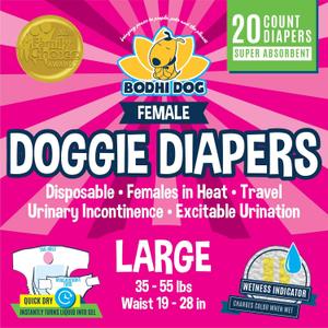 Bodhi Dog Disposable Female Dog Diapers - Super Absorbent Dog Diapers for Female Heat Cycle - Adjustable Fit Pee Wraps for Potty Training, Moisture Control & Wetness Indicator - Large (20 Count)