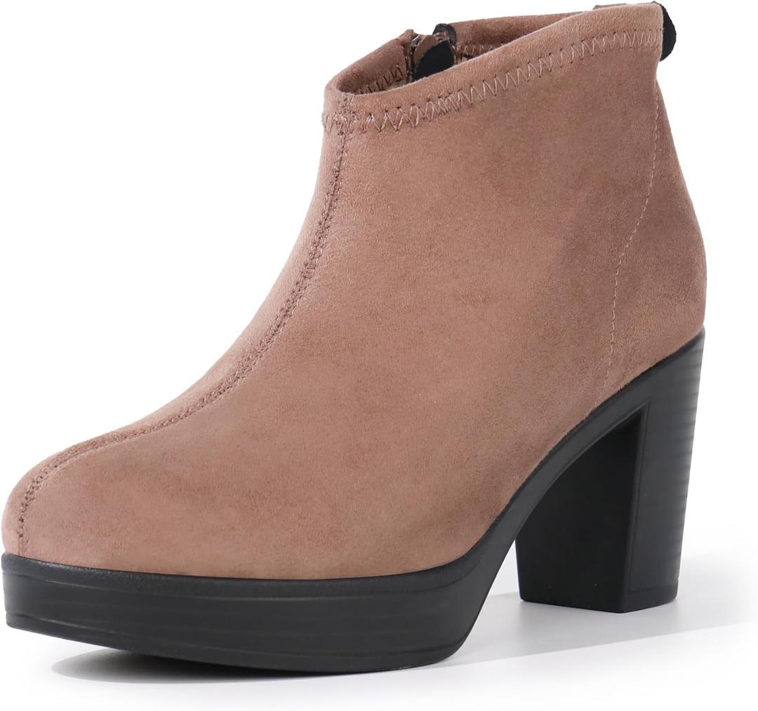 Hawkwell Women's Suede Arch Support Side Zipper Comfort Ankle Boot Chunky Block Heel Booties (Brown, 9.5)