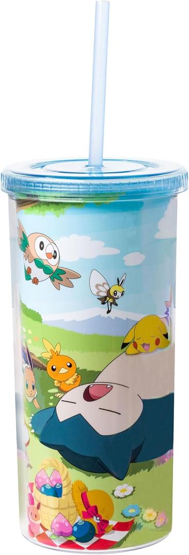 Silver Buffalo Pokemon Snorlax, Pikachu, Eevee, Charmander, Rowlet, Ribombee, Torchic, Hoppip, Pachirisu, Squirtle, Bulbasaur, Scorbunny, Petilil Plastic Tall Cold Cup with Lid And Straw, 20 Ounces